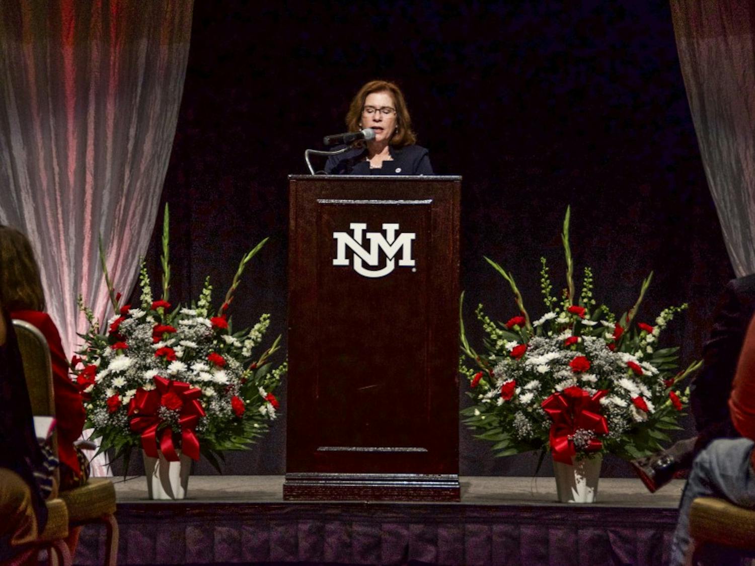 President Stokes addresses an audience during a State of the University speech in UNM SUB September 17, 2018.