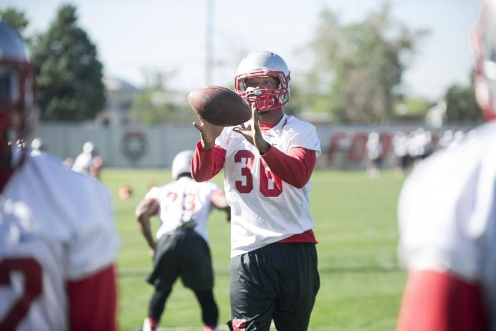 	New Mexico football defensive back Brandon Branch catches a pass during practice on Thursday. Branch is one of the most experienced defensive backs on the team, having played in 21 games since 2012.
