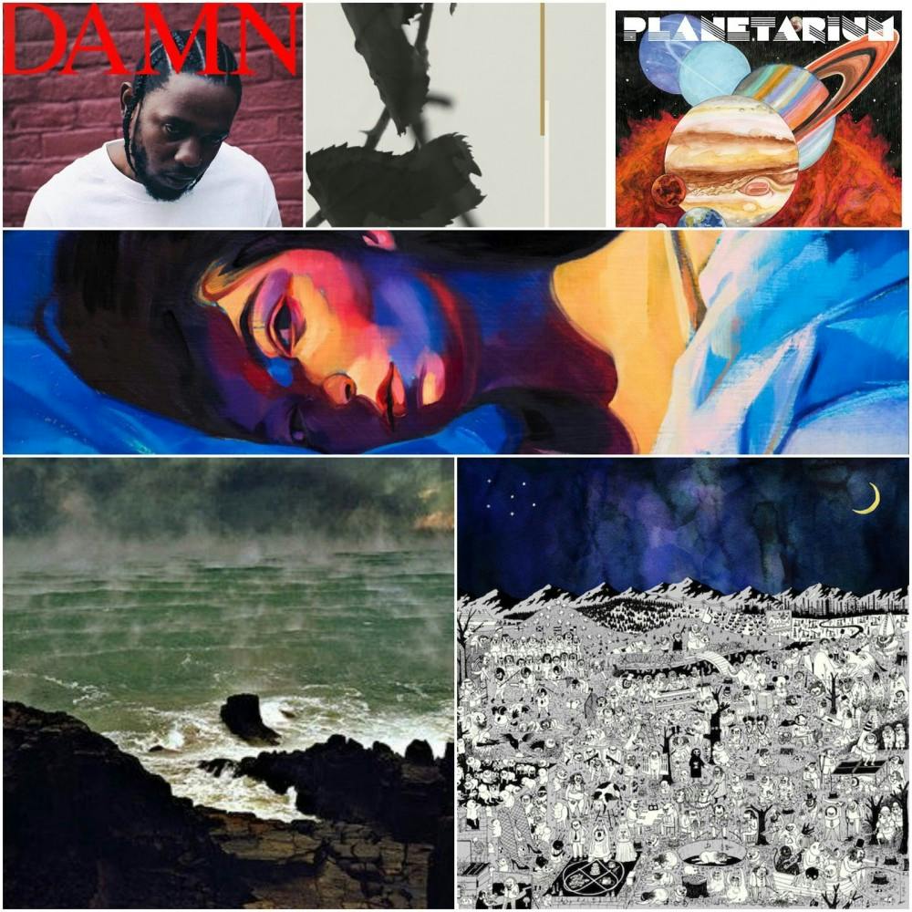 Pictured are album covers of DAMN. by Kendrick Lamar, Grafts by Kara, Planetarium by Planetarium, Melodrama by Lorde, Cracked Up by Fleet Foxes and Pure Comedy by Father John Misty. &nbsp;