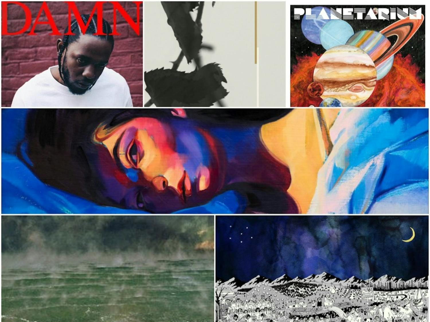 Pictured are album covers of DAMN. by Kendrick Lamar, Grafts by Kara, Planetarium by Planetarium, Melodrama by Lorde, Cracked Up by Fleet Foxes and Pure Comedy by Father John Misty. &nbsp;