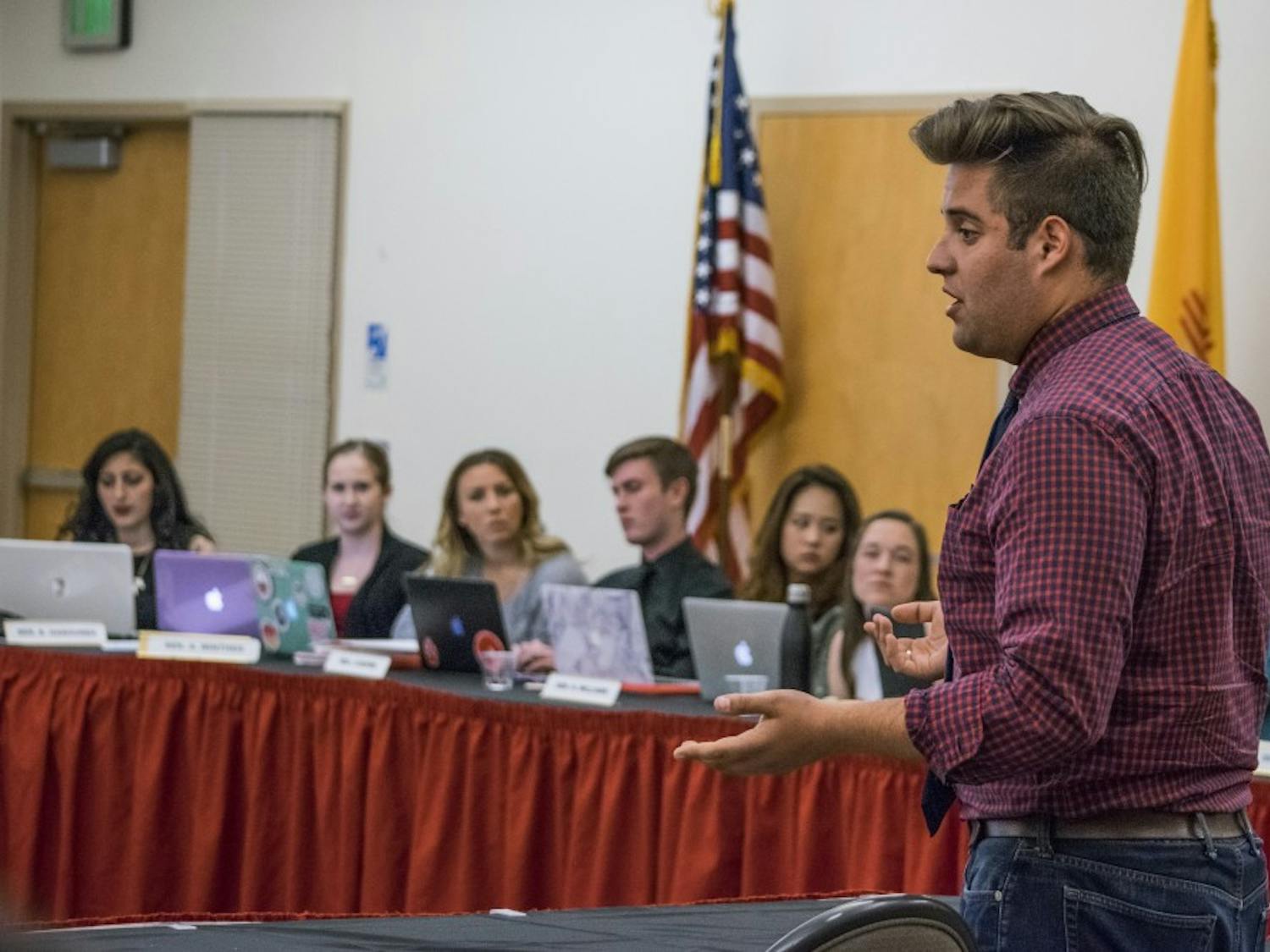 ASUNM President Kyle Biederwolf speaks to ASUNM representatives during an April 27, 2016 meeting at the SUB. Three senators who did not run in the spring ASUNM election will serve as senators in the fall, following a rare procedural undertaking in recent weeks
