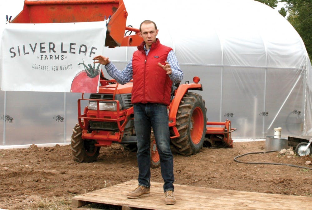 Elan Silverblatt-Buser speaks at Silver Leaf Farm, a farm started by him and his brother Aaron. Silver Leaf Farms currently has a 10,000 square foot green house that they hope to grow in year round. 