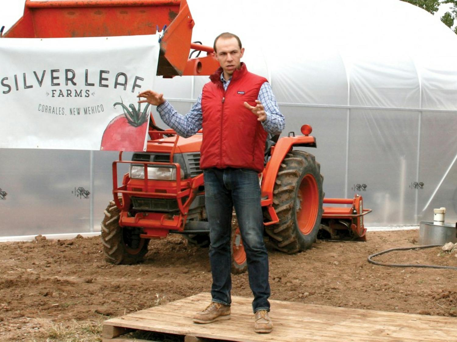 Elan Silverblatt-Buser speaks at Silver Leaf Farm, a farm started by him and his brother Aaron. Silver Leaf Farms currently has a 10,000 square foot green house that they hope to grow in year round. 