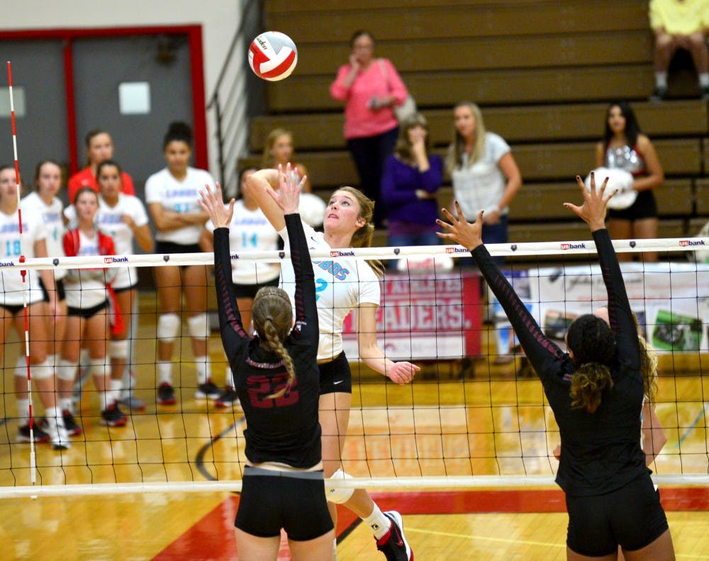 Outside hitter Cassie House leaps into the air for a kill against Santa Clara Sept. 4. The Lobos start the Lobo Invitational this Friday at WisePies arena against Northridge. 