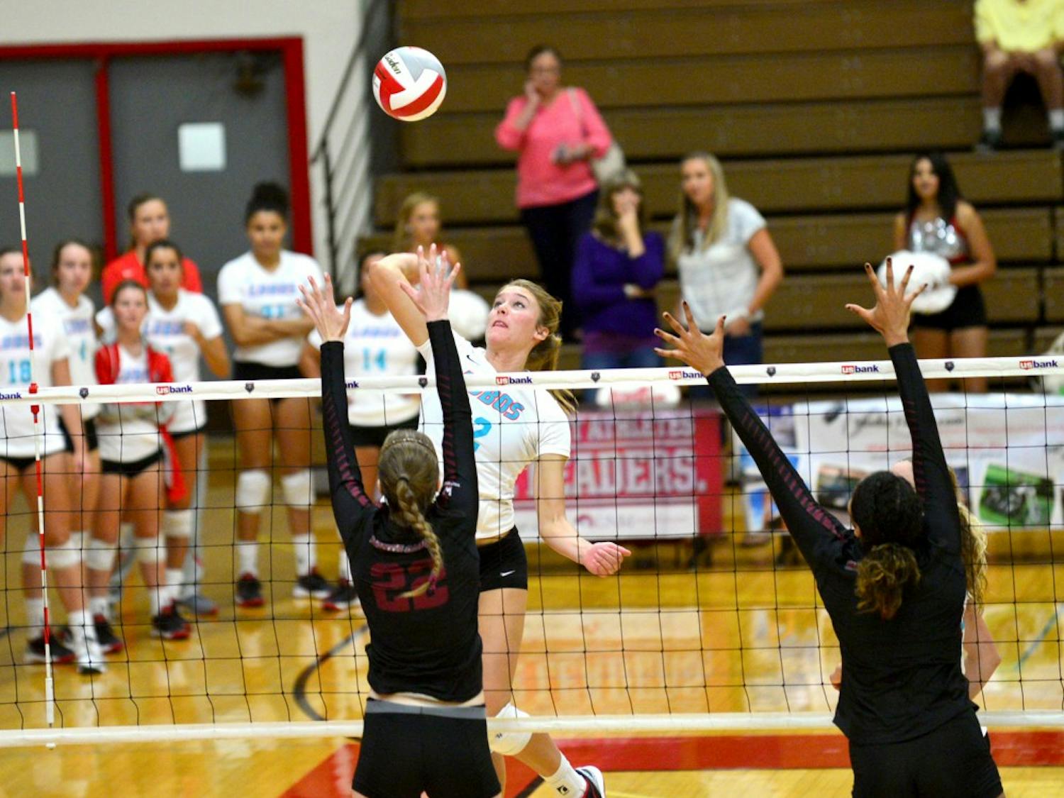 Outside hitter Cassie House leaps into the air for a kill against Santa Clara Sept. 4. The Lobos start the Lobo Invitational this Friday at WisePies arena against Northridge. 