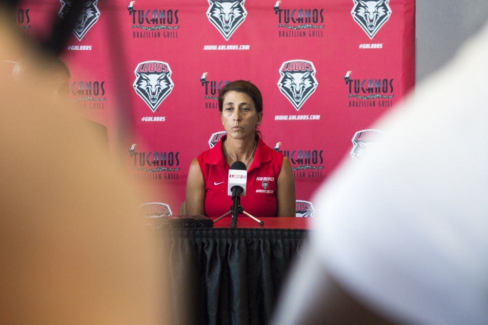 	New Mexico women’s soccer Head Coach Kit Vela awaits questions from the media at the Tow Diehm Athletic Center on Wednesday. New Mexico Athletic Director Paul Krebs announced Friday that 22 women’s soccer players will be suspended for one game and Vela will be suspended for one week without pay for a hazing incident that occurred last week.