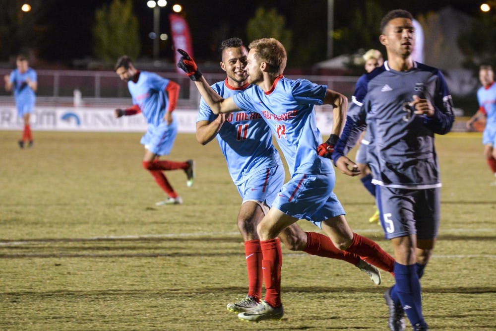 Redshirt midfielder Chris Wehan, 14, celebrates after scoring a goal against Old Dominion Friday, Nov. 4, 2015 at the UNM Soccer Complex. The Lobos defeated Old Dominion 2-0.&nbsp;
