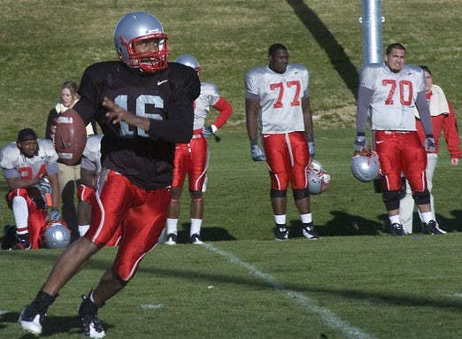 Backup quarterback Victor James drops back during a spring practice on Monday. Lobo head coach Mike Locksley has his work cut out for him in teaching the UNM squad new schemes on offense and defense.