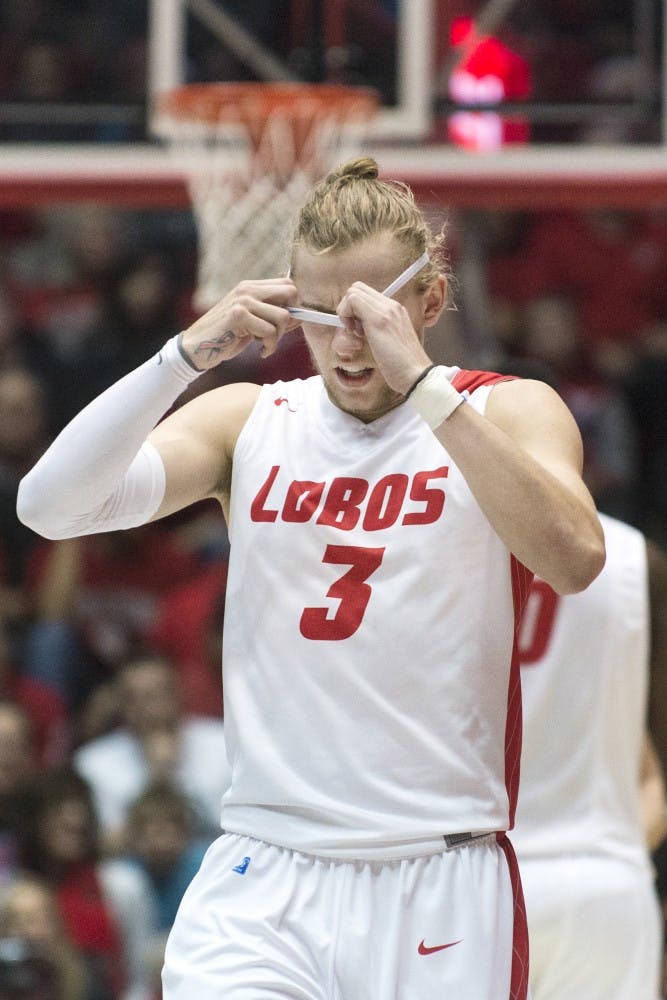 New Mexico guard Hugh Greenwood reacts after missing a field goal during the Jan. 18 game against Boise State. Greenwood had 23 points in the Lobos 63-62 overtime loss to the first-place Wyoming Cowboys in Laramie, Wyoming on Saturday.