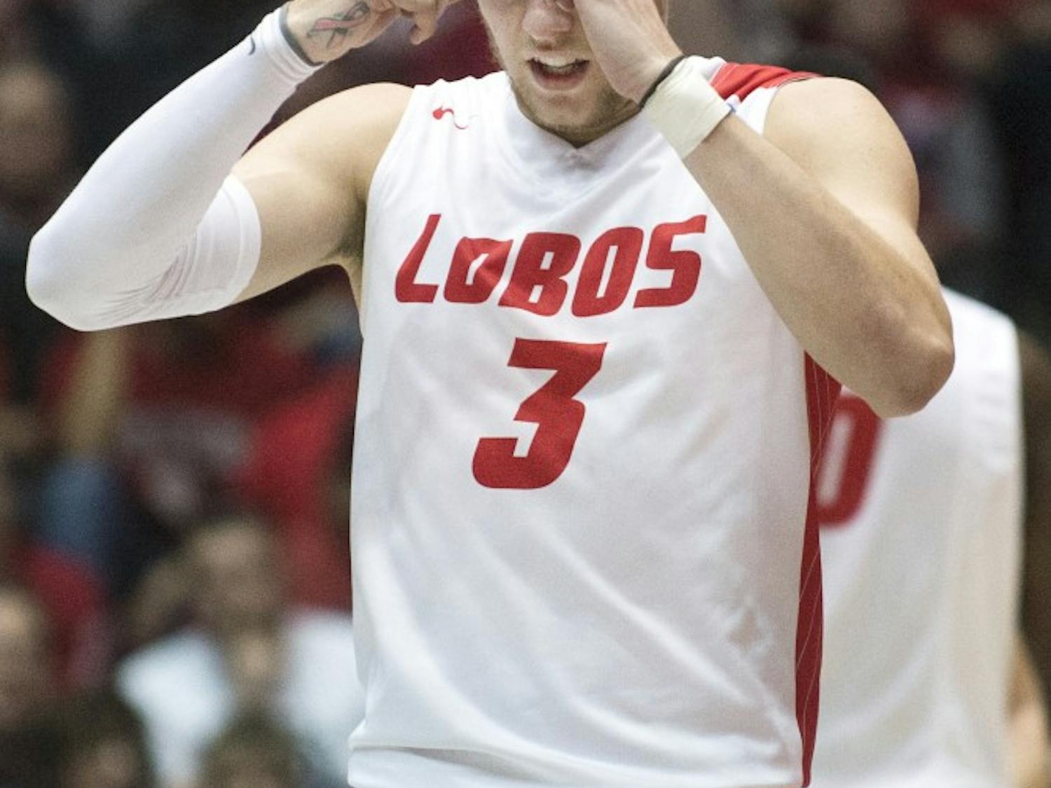New Mexico guard Hugh Greenwood reacts after missing a field goal during the Jan. 18 game against Boise State. Greenwood had 23 points in the Lobos 63-62 overtime loss to the first-place Wyoming Cowboys in Laramie, Wyoming on Saturday.
