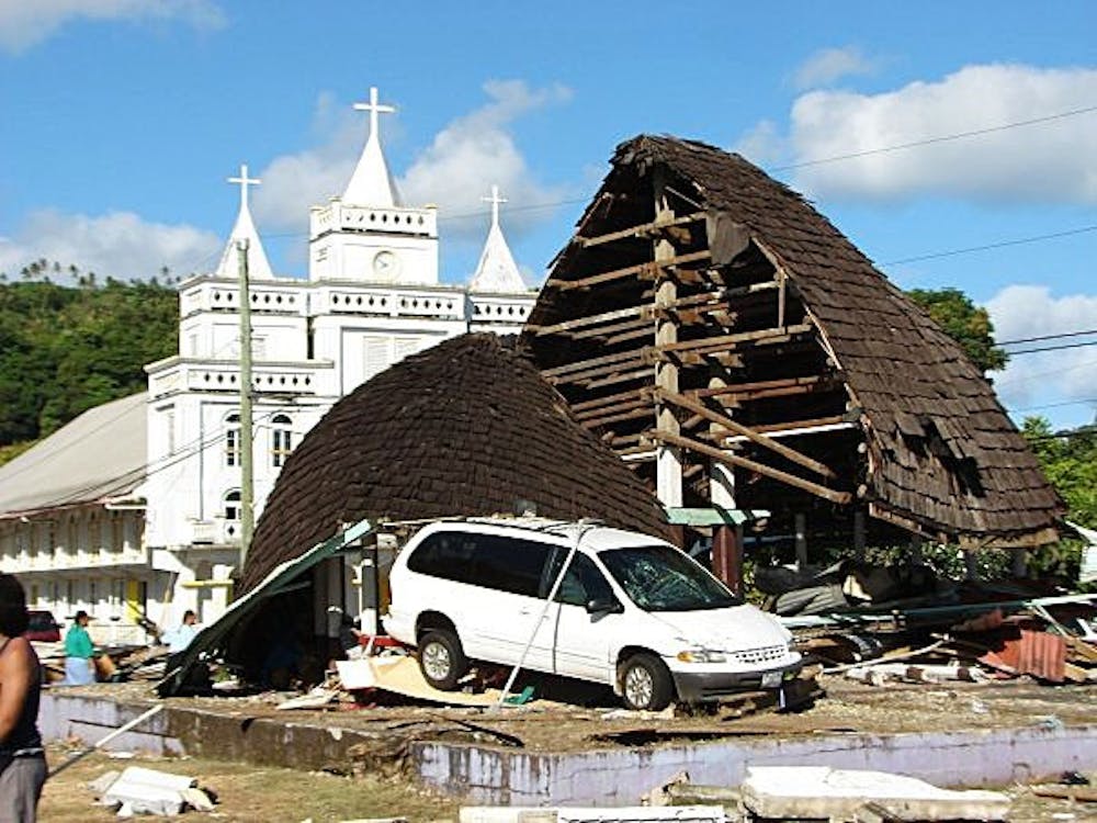 	A building in a Catholic church complex in American Samoa was torn in half Sept. 29 by tsunami waves that hit the South Pacific islands following an 8.0-magnitude earthquake.