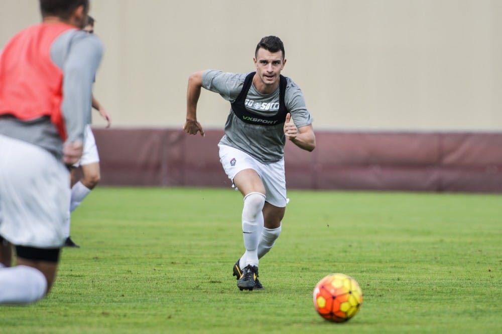 Freshman defender Rafa Jimenez charges the ball during a practice on Thursday, Sept. 8, 2016 at the UNM Soccer Complex. Jimenez came to UNM from Madrid, Spain, and has played for the influential soccer club Club Atletico De Madrid.