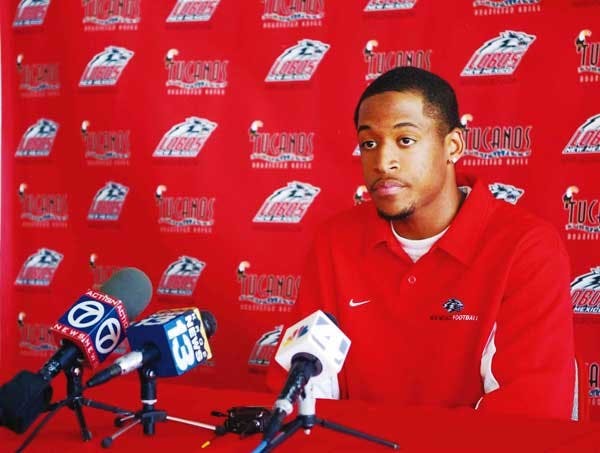 Wide receiver Travis Brown, who led the Mountain West Conference in receiving yards last season, answers questions during a May news conference at the Tow Diehm Athletics Facility.