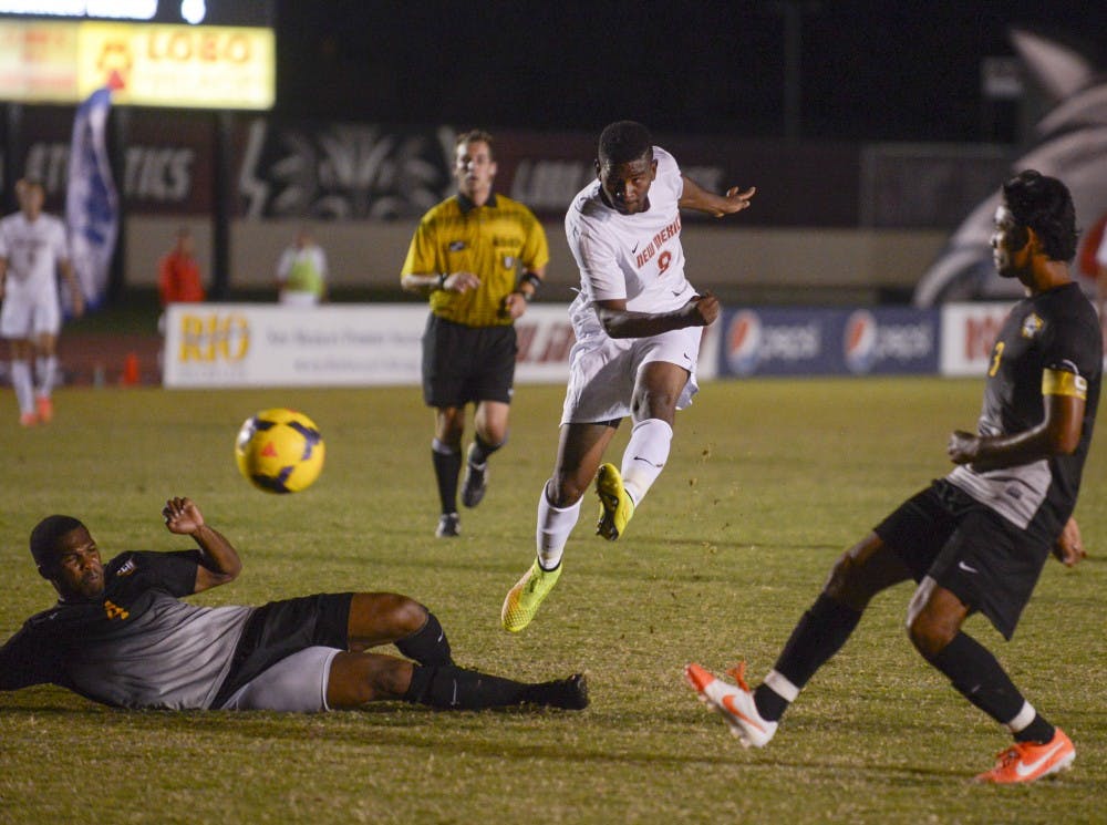 Lobo junior forward/midfielder Kevin Correa attempts to make a field goal during the soccer game against VCU at Lobo Soccer Complex on Sunday night. The Lobos won 2-0.