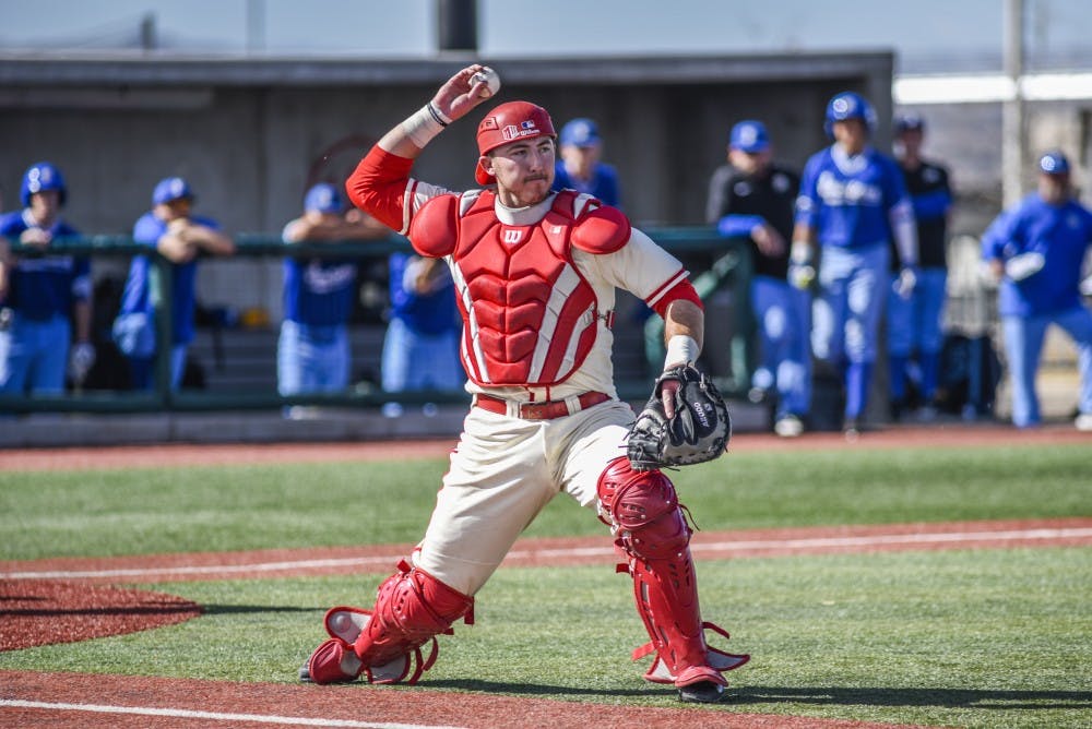 Junior Daniel Herrera prepares to throw the ball to first base while playing against SJSU Saturday, March 11, 2017 at Santa Ana Star Field. The Lobos fell to 2-1 in their first game against Cal State Fullerton.