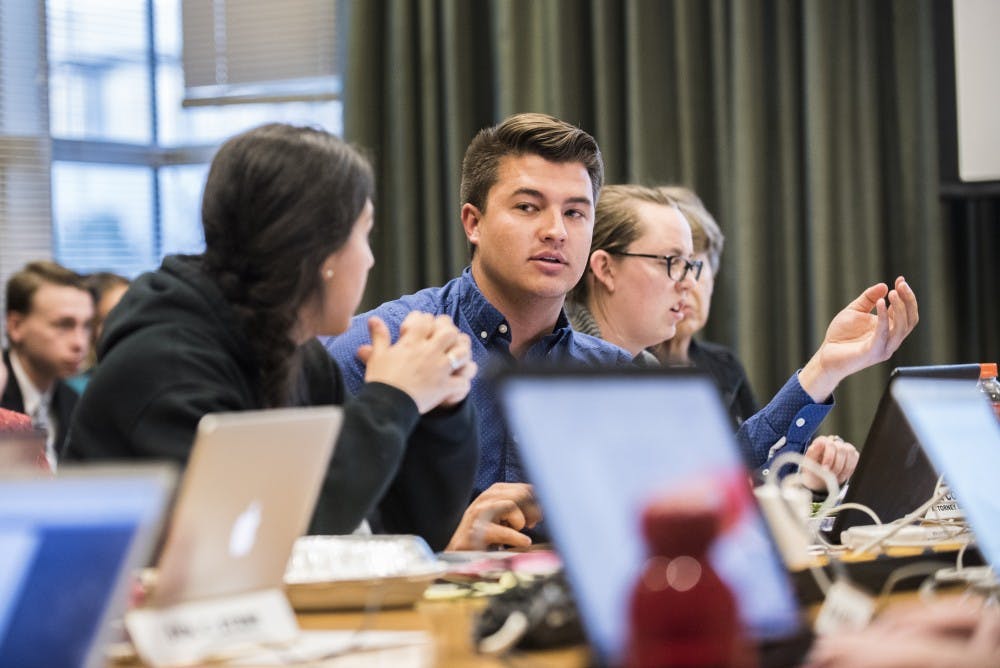 ASUNM President Noah Brooks addresses attendees at a student government meeting Wednesday, April 5, 2017 in the SUB.&nbsp;