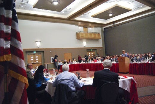 Julia Fulghum, vice president for Research and Economic Development, speaks to the Board of Regents in SUB Ballroom B on Thursday. Fulghum was one of 10 administrators to make a presentation to the regents during their five-hour Budget Summit.