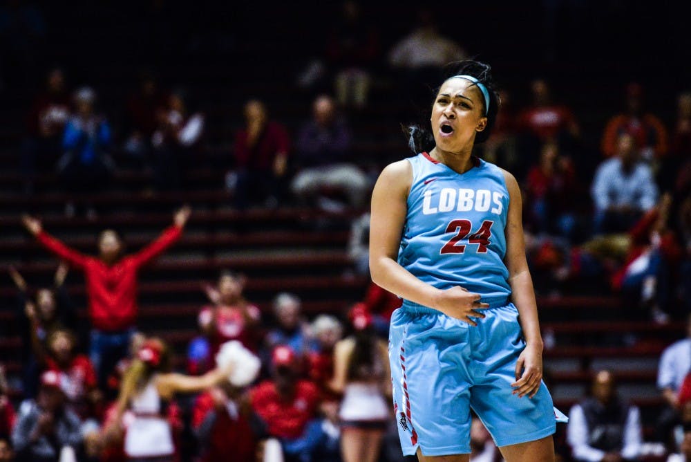 Junior guard Jayda Bover celebrates after making a three point shot during their game against New Mexico State Tuesday, Nov. 15, 2016 at WisePies Arena. The Lobos will face off with Texas Tech this Sunday in the hopes to win their third straight victory this season.&nbsp;