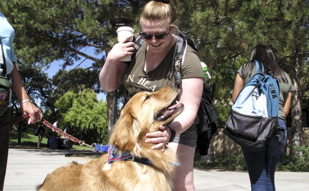 A UNM stops to pet a dog on her way to class.