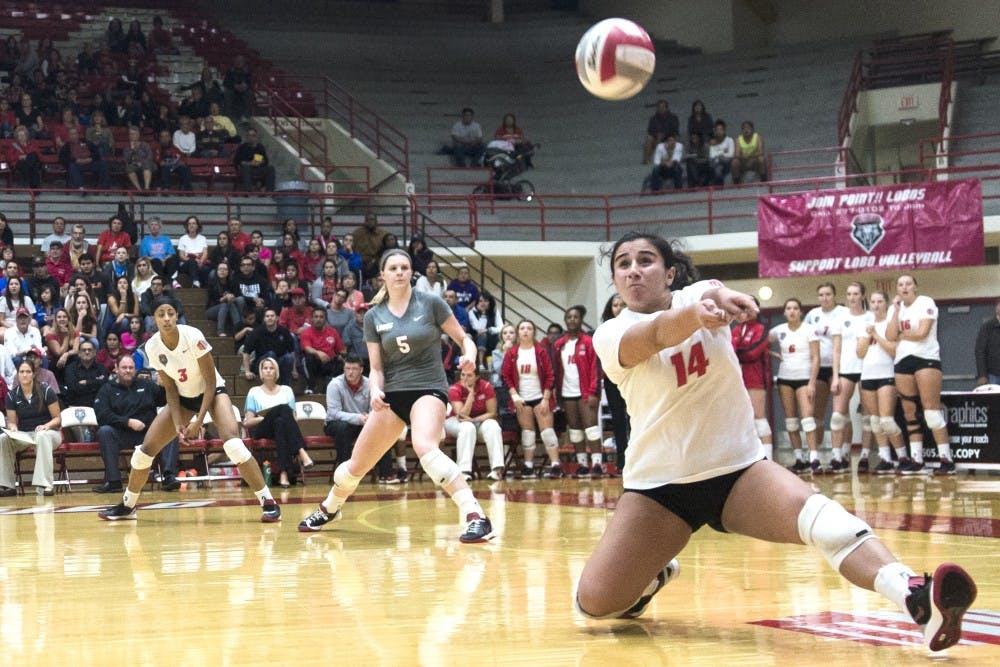 New Mexico defensive specialist Stephanie Chavez bumps the ball during the game against New Mexico State on Monday night. The Lobos swept the Aggies 3-0, snapping a four-match losing streak.