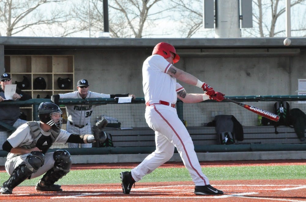 Lobo infielder Sam Haggerty brings the bat to the ball during a game against Utah Valley on March 1. Haggerty and pitcher Toller Boardman have been drafted by teams in the MLB. 