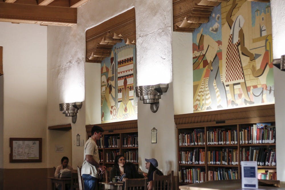 “The Three Peoples Murals” is located in the west wing of Zimmerman Library. The mural is composed of four different paintings created in 1939 by Kenneth Adams.