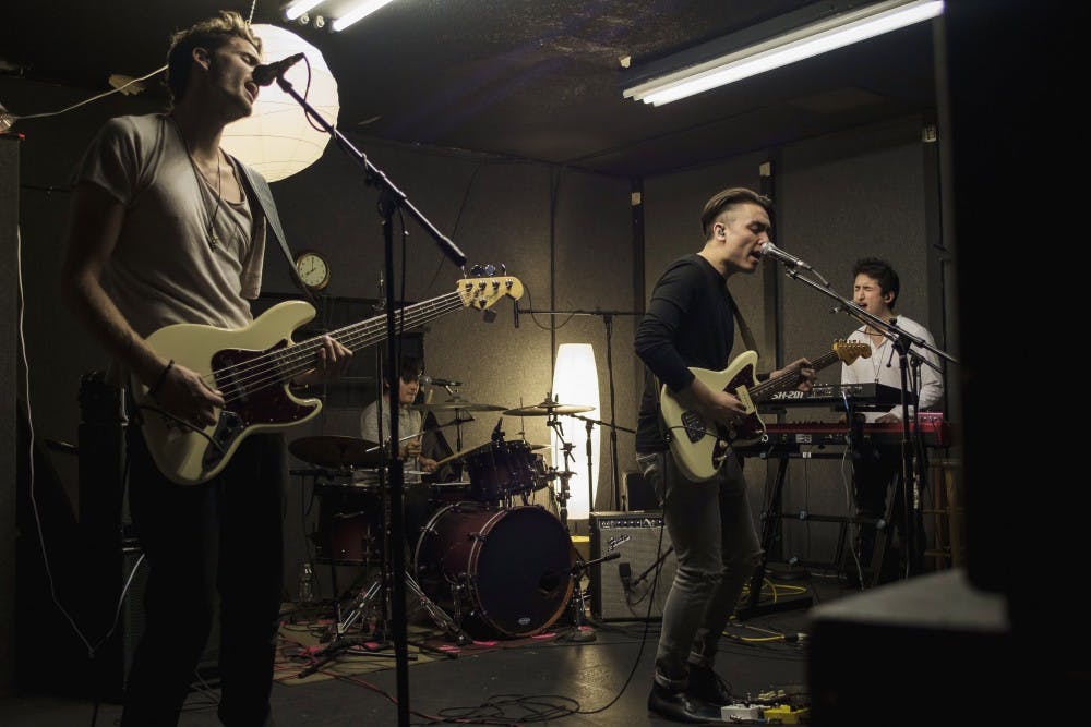 Members of Great States rehearse Thursday, February 11, 2016 at their practice space. Great States is made up of band members Eric Jeckin, Ryan Rael, Morgan Ching, and Sean Leston, all four are UNM  Alumni.