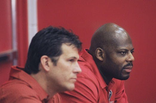 Head coach Steve Alford sits left, by Wyking Jones during a news conference introducing Jones as the Lobos' assistant coach on Wednesday. Jones replaces former assistant Chris Walker. 