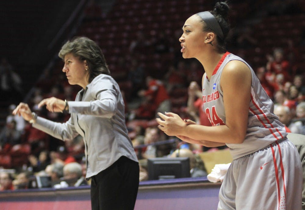 Womens head coach Yvonne Sanchez and UNM guard Jayda Bovero encourage the team during its match on Nov 29. The NCAA has approved a change from two 20-minute halves to four 10-minute quarters for the womens upcoming basketball season. 