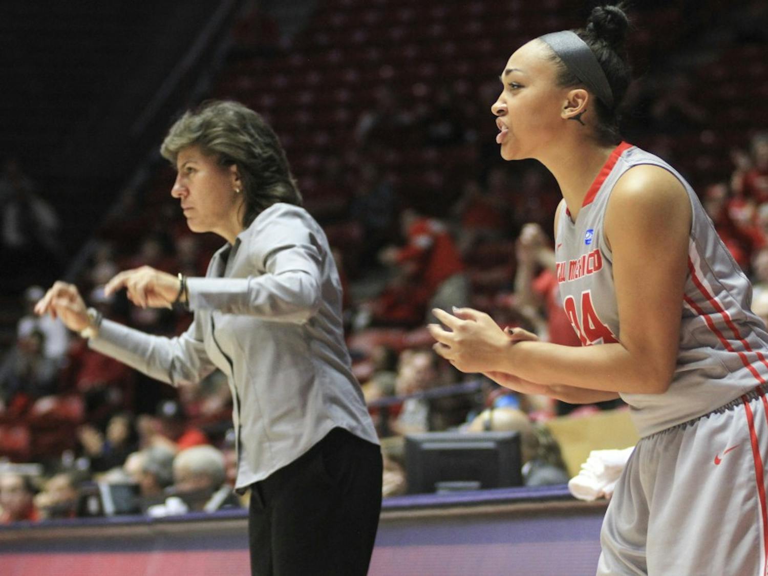 Womens head coach Yvonne Sanchez and UNM guard Jayda Bovero encourage the team during its match on Nov 29. The NCAA has approved a change from two 20-minute halves to four 10-minute quarters for the womens upcoming basketball season. 
