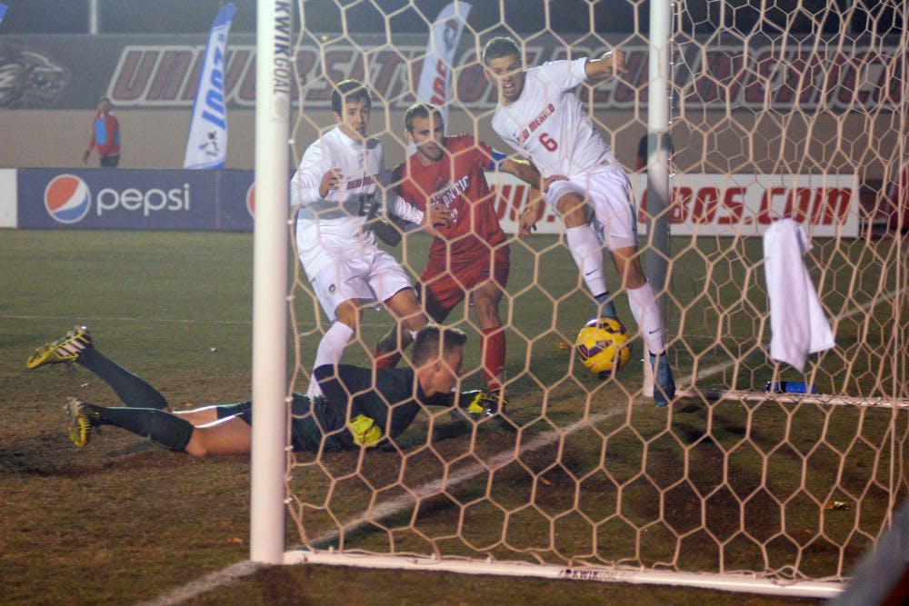 Lobos defender&nbsp;Nicholas&nbsp;Rochowski scores a goal against Florida&nbsp;Atlantic University at the UNM Soccer Complex&nbsp;Friday night. The Lobos won 3-0.&nbsp;