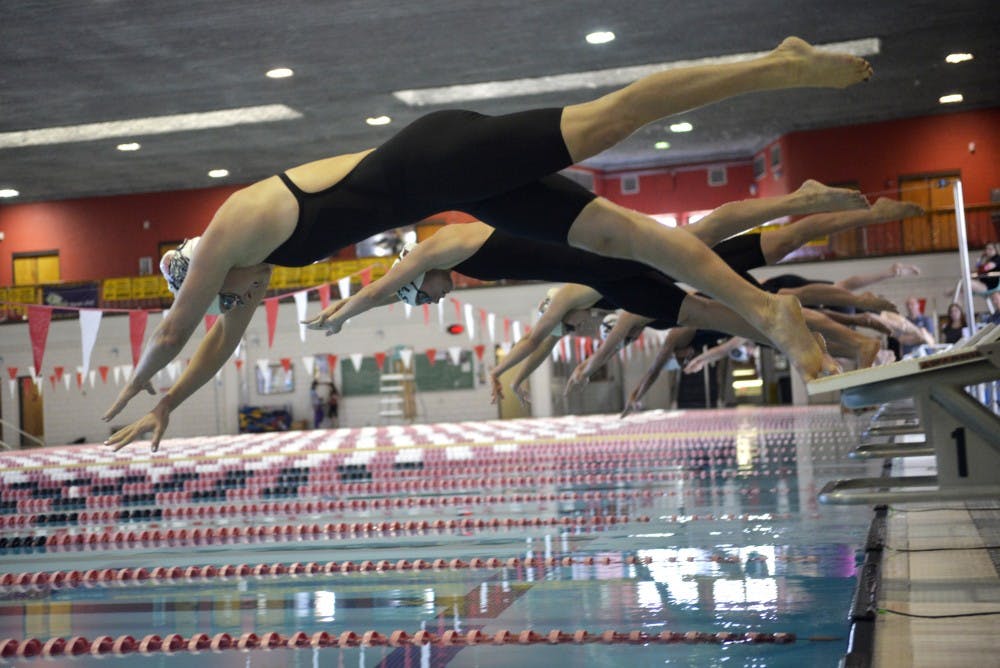 The UNM and NMSU swimming teams leap off the starting line Saturday, Jan. 30, 2016 at the Seidler Natatorium. The Lobos will compete at the Mountain West Championships this Wednesday through Saturday in College Station, Texas.