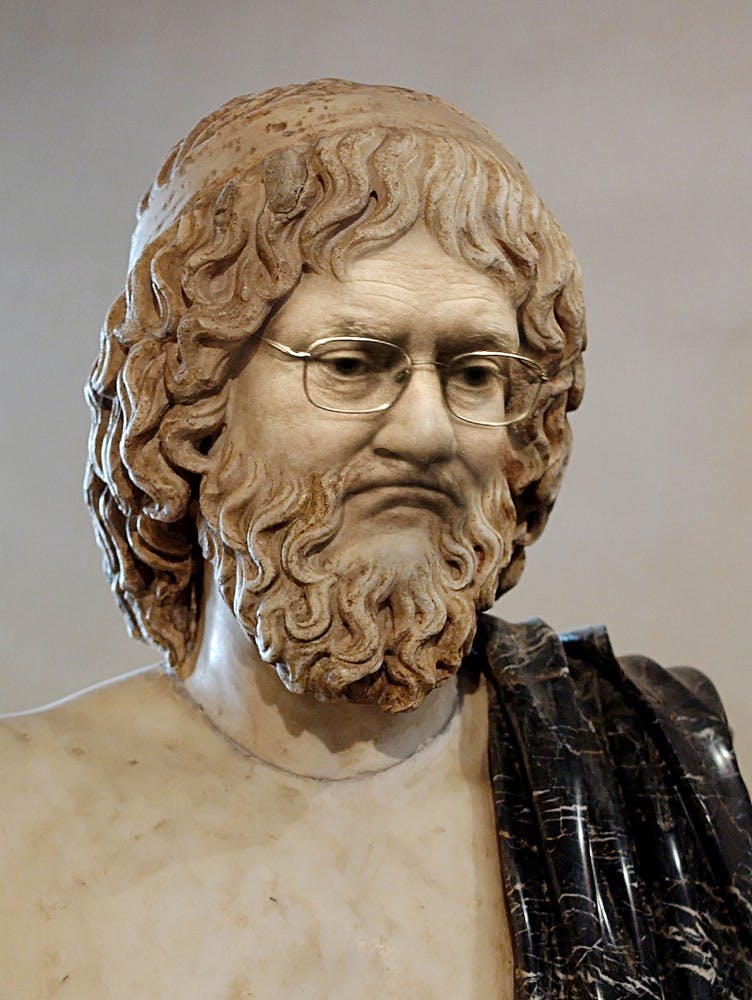 	In this photo illustration, “Schmidlius” is portrayed in a Greek statue. 
