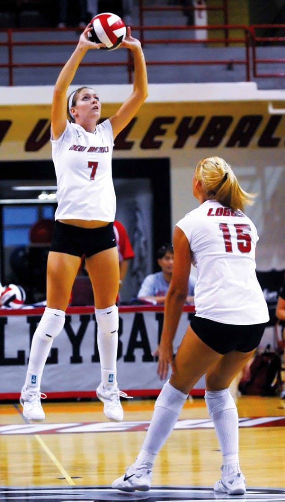 UNM's Jade Michaelsen hits the ball during Friday's 3-0 win against TCU.