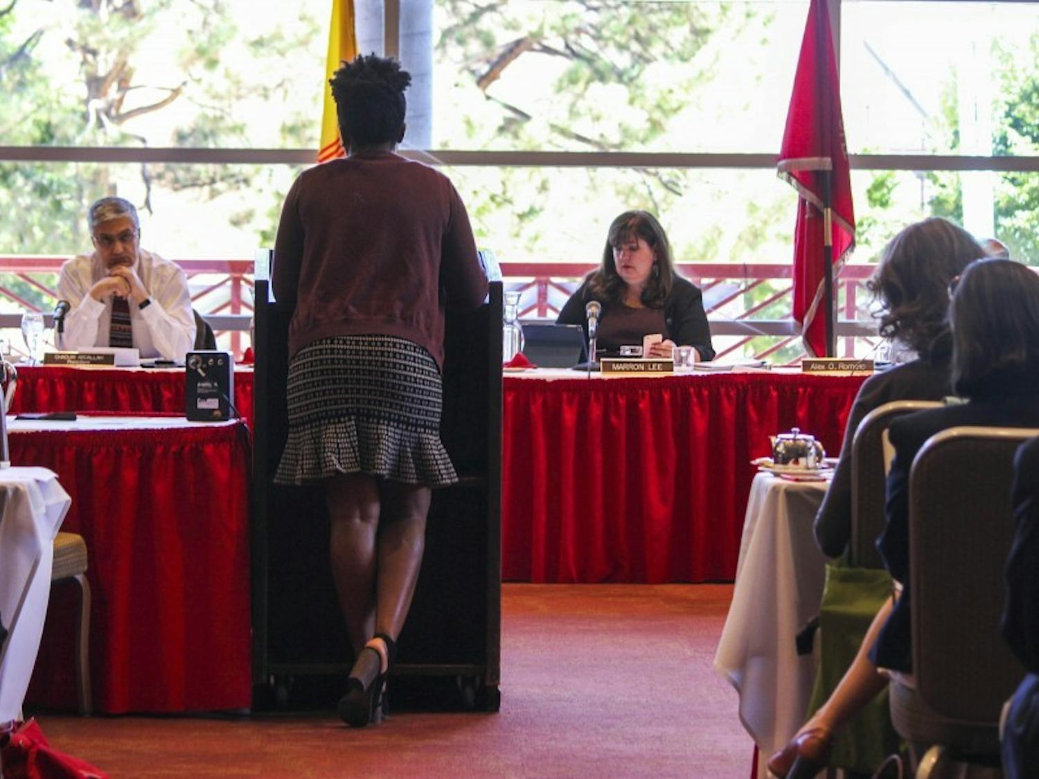 Students and UNM faculty voice their opinions on topics ranging from budget cuts to other items on the agenda during the public comments portion of the Board of Regents meeting onJune 13, 2017 in the SUB.