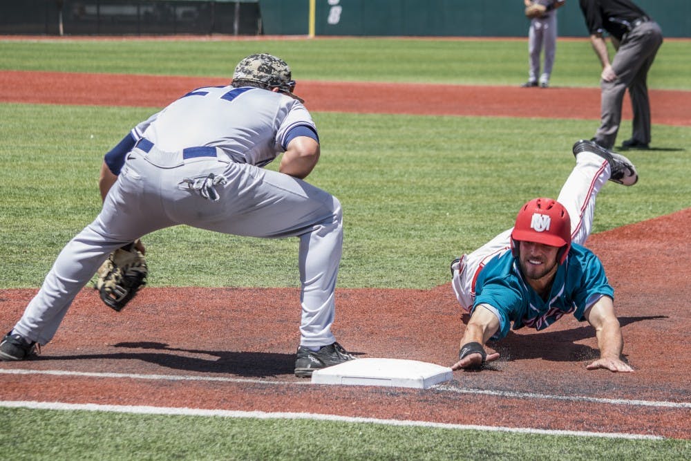 Sophomore outfielder Luis Gonzalez slides back into first base to save himself from being tagged out Sunday afternoon at Santa Ana Star Field. The Lobos...