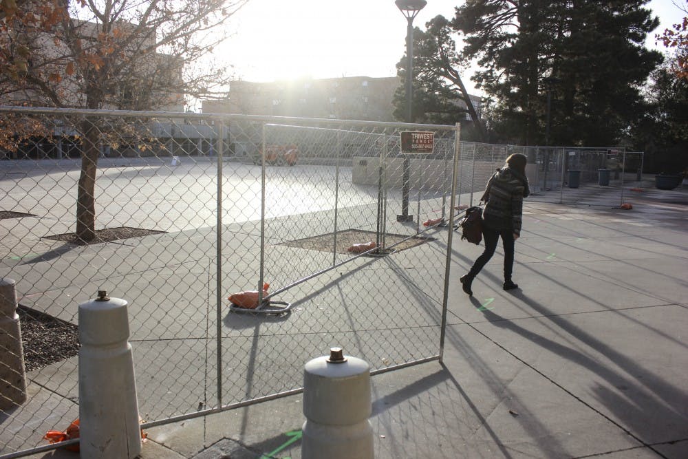 Fences line the perimeter of Smith Plaza in preparation for the soon-to-come reconstruction on Jan. 5, 2018.  