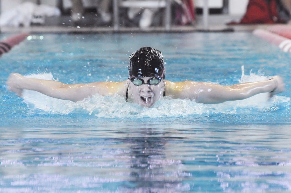 New Mexico fly swimmer Samantha Moss participates in the women 200 yard butterfly event against Colorado State at Seidler Natatorium on Saturday. The Lobos swimming and diving team defeated the Rams with a team score of 174-126.