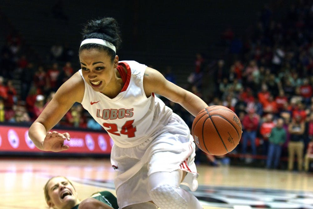 Sophomore guard Jayda Bovero drives to the net around a Colorado State player Wednesday night at WisePies Arena. The Lobos will play Fresno State Saturday at 3 p.m.. 