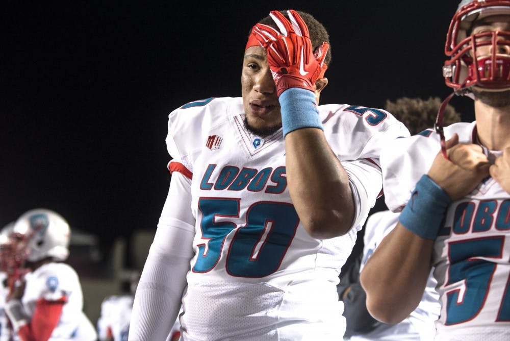 New Mexico defense Desmond Branch reacts to the Lobos' final play of the game against Fresno State on Friday night. Despite leading at halftime, New Mexico’s sloppy second half play was rewarded with a 35-24 loss.