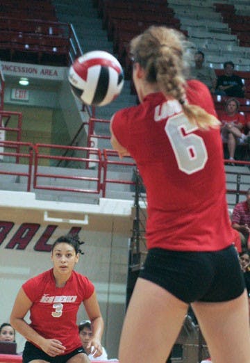 Rose Morris returns a volley in the Lobo Classic Tournament at Johnson Gym. UNM won the championship, sweeping all three games against Central Arkansas, Idaho State and Loyola Marymount. 