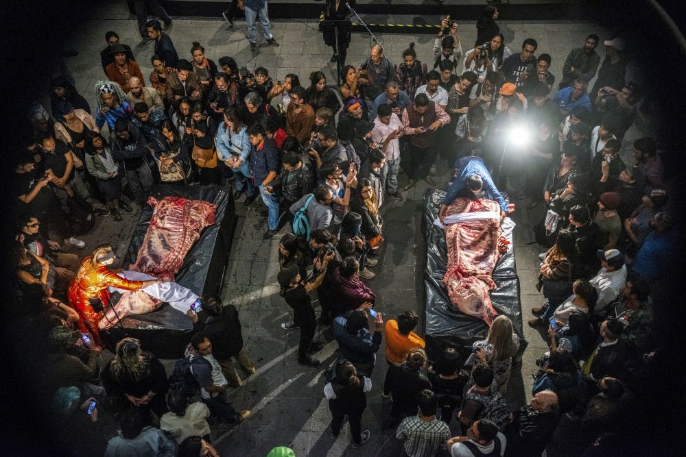 Mexico City performance art explaining the cruelty of Mexico and United States politicians July 7, 2018.