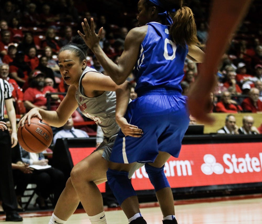 Junior guard Jayda Bovero drives past an Air Force defender on&nbsp;Wednesday, Feb. 8, 2017 at WisePies Arena. The Lobos defeated Air Force 81-64.&nbsp;