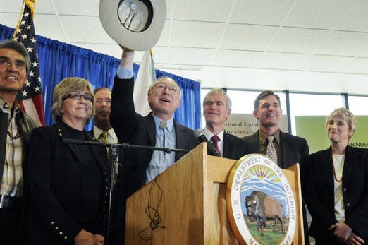 From left, President of the Navajo Nation Joe Shirley Jr., Lt. Gov. Diane Denish, Sen. Tom Udall, Secretary of the Interior Ken Salazar, Sen. Jeff Bingaman, Rep. Martin Heinrich, and State Director of Bureau of Land Management Linda Rundell. Salazar met w