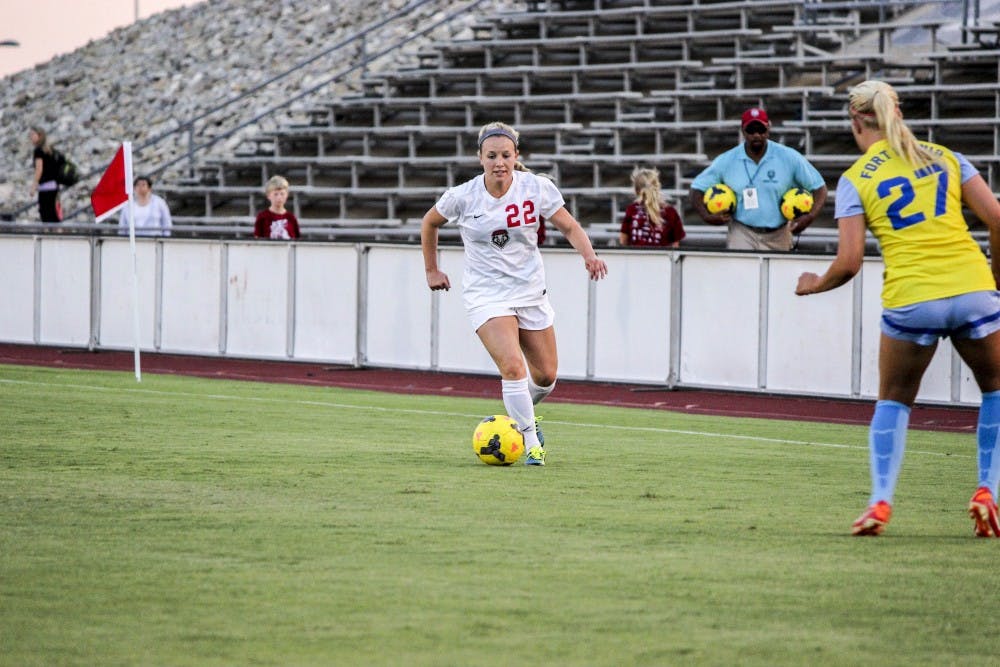 Forward Gwen Maly holds her position during the Lobos game against Ft. Lewis on August 17, 2015. The women's soccer team has held a collective 3.4 GPA or higher throughout 14 consecutive years.