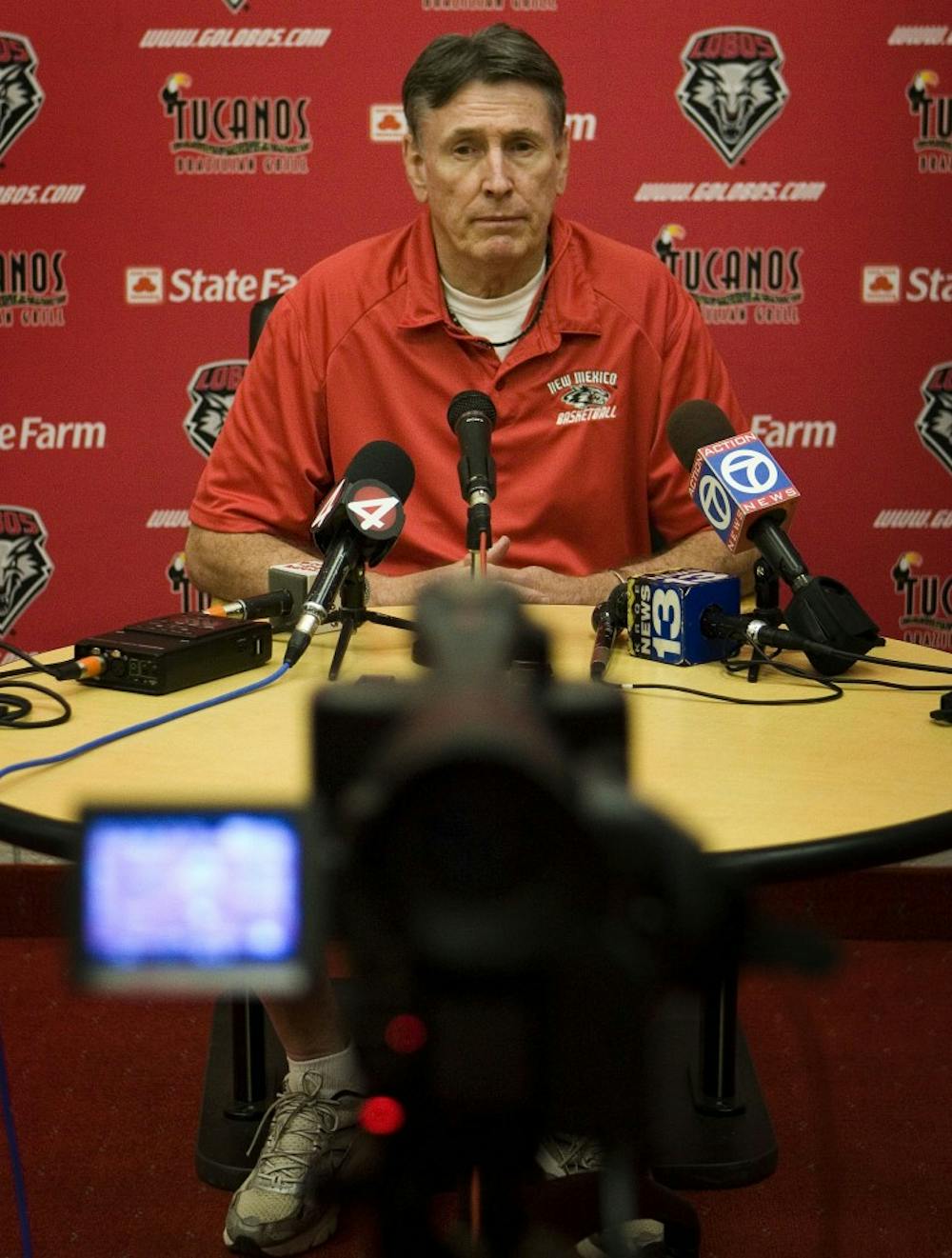 	Head coach Don Flanagan takes questions from the media during the Lobos’ media day. Flanagan has a combined 10 freshmen and sophomores on this year’s squad, but he is optimistic about how the group has looked during preseason workouts.