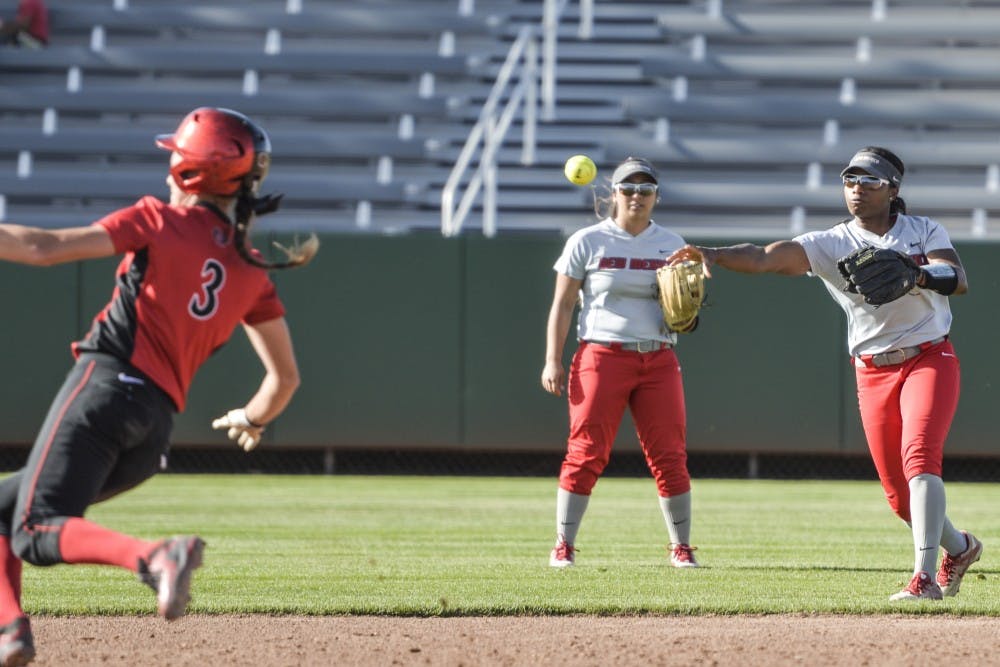 Senior outfielder Mariah Rimmer&nbsp;throws the ball to second base to out a San Diego State player Friday May 6, 2016. The Lobos lost to the Aztecs 2-1 Saturday afternoon in their second of three games.&nbsp;