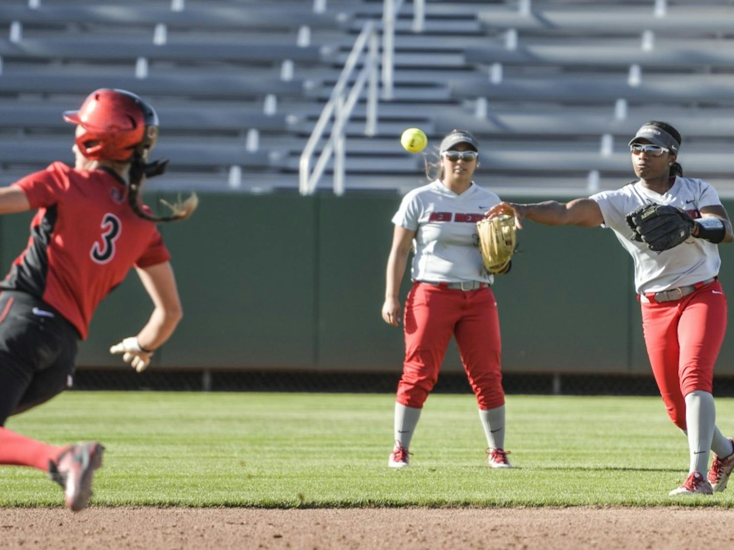 Senior outfielder Mariah Rimmer&nbsp;throws the ball to second base to out a San Diego State player Friday May 6, 2016. The Lobos lost to the Aztecs 2-1 Saturday afternoon in their second of three games.&nbsp;