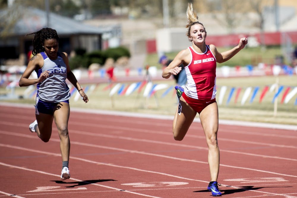 Senior Holly Van Grinsven moments before finishing a sprint Saturday,  April 3, 2016 at the Don Kirby Tailwind Invitational. The Lobos collected 68 top 10 finishes at the invitational and will compete in Tempe, Arizona this upcoming weekend.