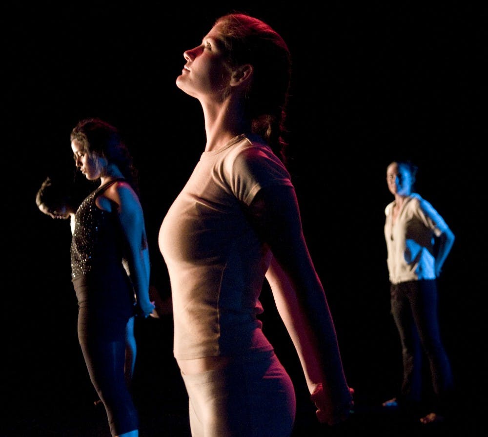 	Dara Minkin, middle, and Dalila Baied, left, Kaitlin Innis perform their choreographed dance, “(H)ombre.” The dance, part of Still/Moving, explores the dynamics of time and is further developed through movement.